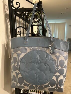Coach Laura Light Blue Signature Canvas Tote with Leather Trim
